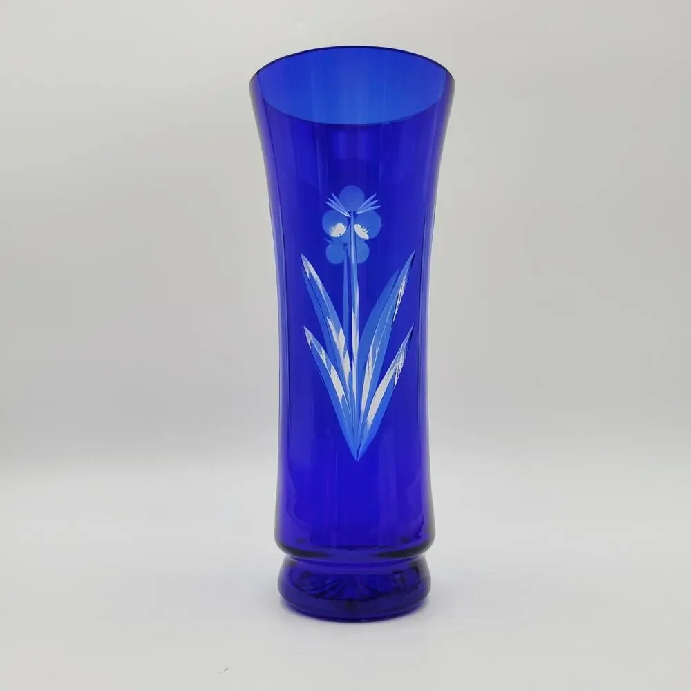 Vtg USSR Russian Badash Vase Cobalt Blue Cut to Clear Crystal Glass 10